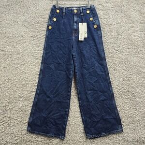 Zara‎ Jeans Women 2 Blue Wide Leg Cropped High Waisted Dark Wash Nautical Sailor